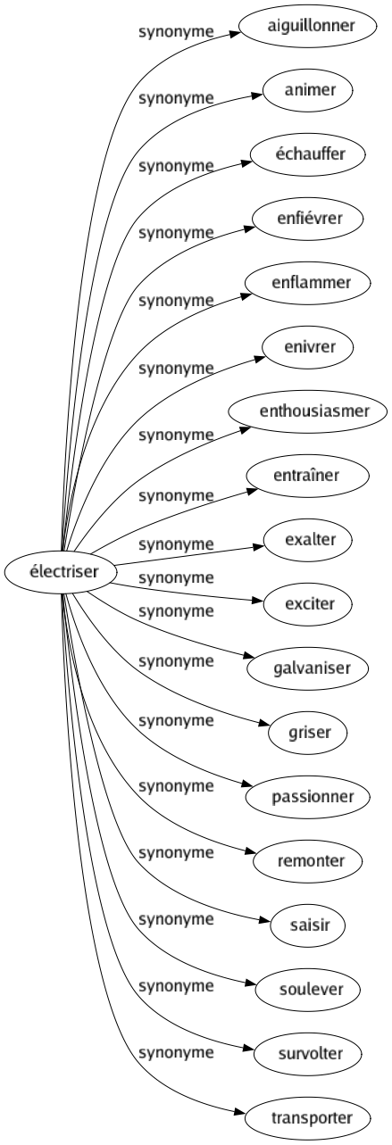 Synonyme de Électriser : Aiguillonner Animer Échauffer Enfiévrer Enflammer Enivrer Enthousiasmer Entraîner Exalter Exciter Galvaniser Griser Passionner Remonter Saisir Soulever Survolter Transporter 