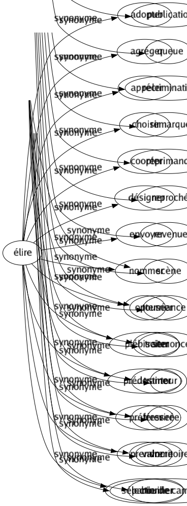 Synonyme de Élire : Adopter Agréger Appeler Choisir Coopter Désigner Envoyer Nommer Opter Plébisciter Prédestiner Préférer Prendre Sélectionner 
