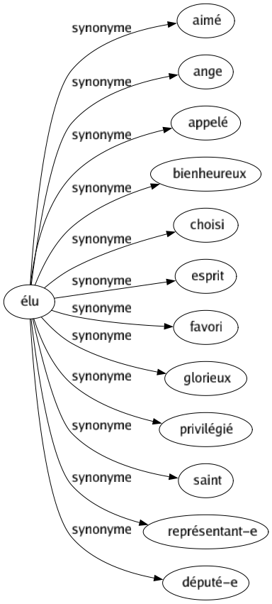 Synonyme de Élu : Aimé Ange Appelé Bienheureux Choisi Esprit Favori Glorieux Privilégié Saint Représentant-e Député-e 