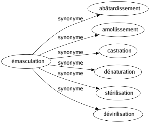 Synonyme de Émasculation : Abâtardissement Amollissement Castration Dénaturation Stérilisation Dévirilisation 
