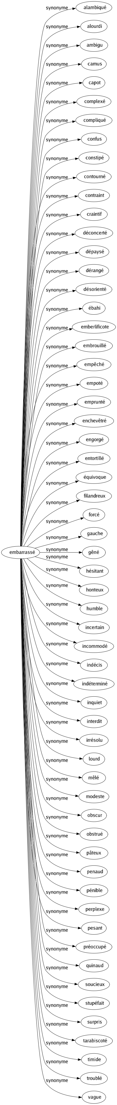 Synonyme de Embarrassé : Alambiqué Alourdi Ambigu Camus Capot Complexé Compliqué Confus Constipé Contourné Contraint Craintif Déconcerté Dépaysé Dérangé Désorienté Ébahi Emberlificote Embrouillé Empêché Empoté Emprunté Enchevêtré Engorgé Entortillé Équivoque Filandreux Forcé Gauche Gêné Hésitant Honteux Humble Incertain Incommodé Indécis Indéterminé Inquiet Interdit Irrésolu Lourd Mêlé Modeste Obscur Obstrué Pâteux Penaud Pénible Perplexe Pesant Préoccupé Quinaud Soucieux Stupéfait Surpris Tarabiscoté Timide Troublé Vague 
