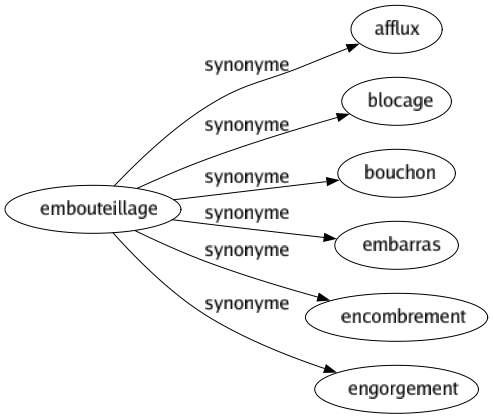 Synonyme de Embouteillage : Afflux Blocage Bouchon Embarras Encombrement Engorgement 