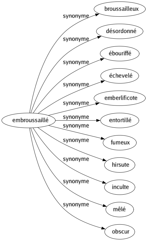 Synonyme de Embroussaillé : Broussailleux Désordonné Ébouriffé Échevelé Emberlificote Entortillé Fumeux Hirsute Inculte Mêlé Obscur 
