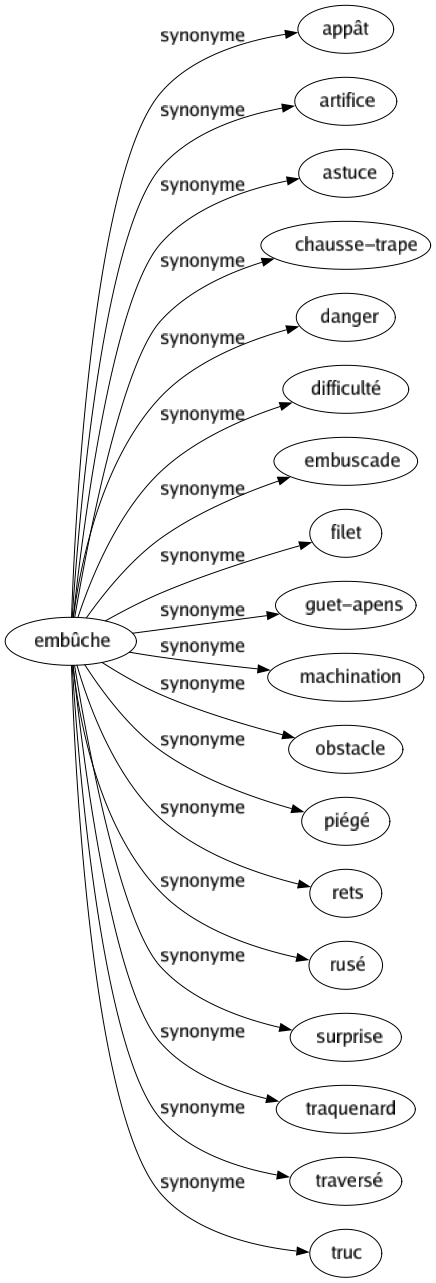 Synonyme de Embûche : Appât Artifice Astuce Chausse-trape Danger Difficulté Embuscade Filet Guet-apens Machination Obstacle Piégé Rets Rusé Surprise Traquenard Traversé Truc 