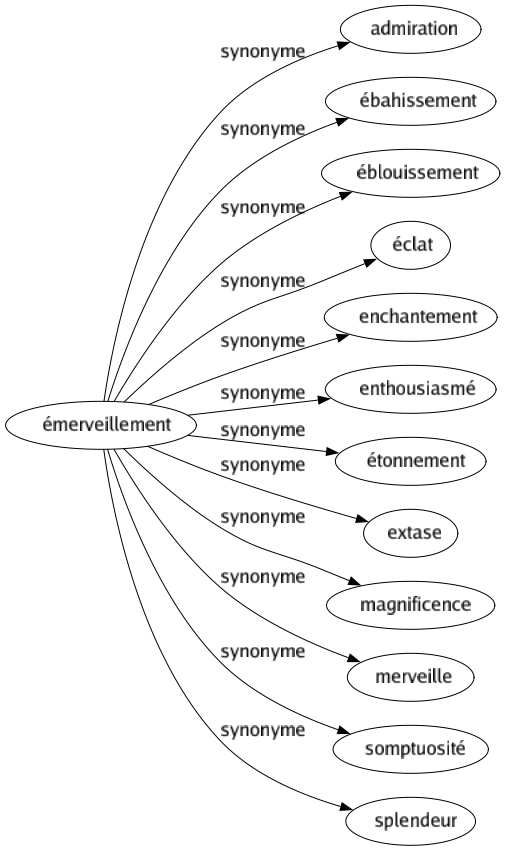 Synonyme de Émerveillement : Admiration Ébahissement Éblouissement Éclat Enchantement Enthousiasmé Étonnement Extase Magnificence Merveille Somptuosité Splendeur 