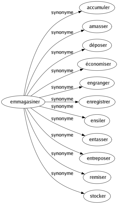 Synonyme de Emmagasiner : Accumuler Amasser Déposer Économiser Engranger Enregistrer Ensiler Entasser Entreposer Remiser Stocker 