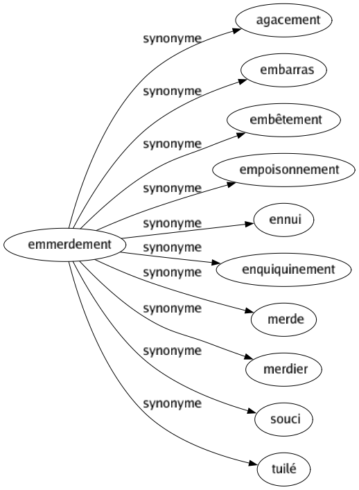 Synonyme de Emmerdement : Agacement Embarras Embêtement Empoisonnement Ennui Enquiquinement Merde Merdier Souci Tuilé 