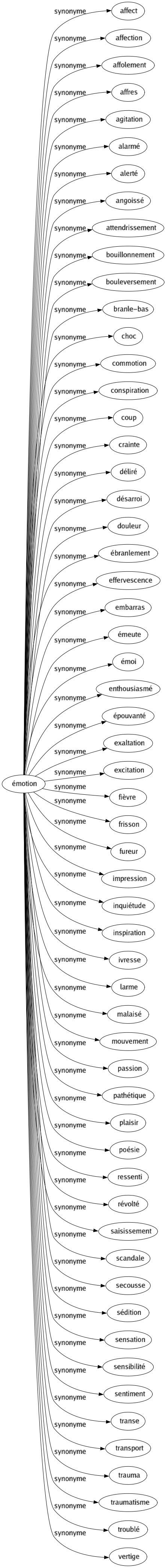 Synonyme de Émotion : Affect Affection Affolement Affres Agitation Alarmé Alerté Angoissé Attendrissement Bouillonnement Bouleversement Branle-bas Choc Commotion Conspiration Coup Crainte Déliré Désarroi Douleur Ébranlement Effervescence Embarras Émeute Émoi Enthousiasmé Épouvanté Exaltation Excitation Fièvre Frisson Fureur Impression Inquiétude Inspiration Ivresse Larme Malaisé Mouvement Passion Pathétique Plaisir Poésie Ressenti Révolté Saisissement Scandale Secousse Sédition Sensation Sensibilité Sentiment Transe Transport Trauma Traumatisme Troublé Vertige 