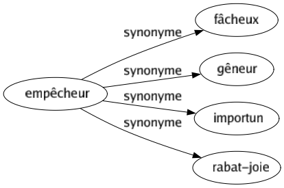 Synonyme de Empêcheur : Fâcheux Gêneur Importun Rabat-joie 