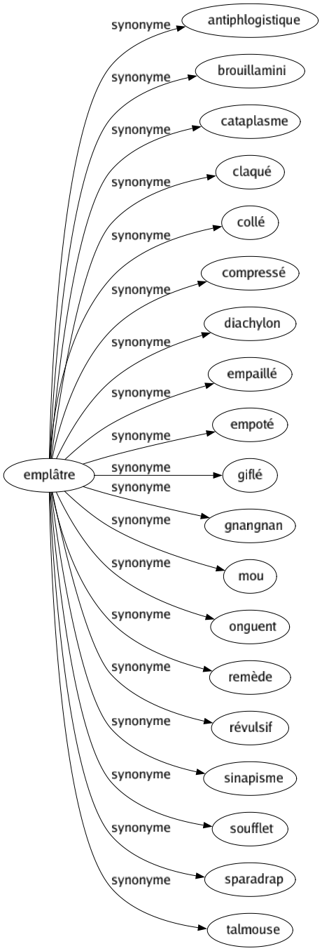 Synonyme de Emplâtre : Antiphlogistique Brouillamini Cataplasme Claqué Collé Compressé Diachylon Empaillé Empoté Giflé Gnangnan Mou Onguent Remède Révulsif Sinapisme Soufflet Sparadrap Talmouse 