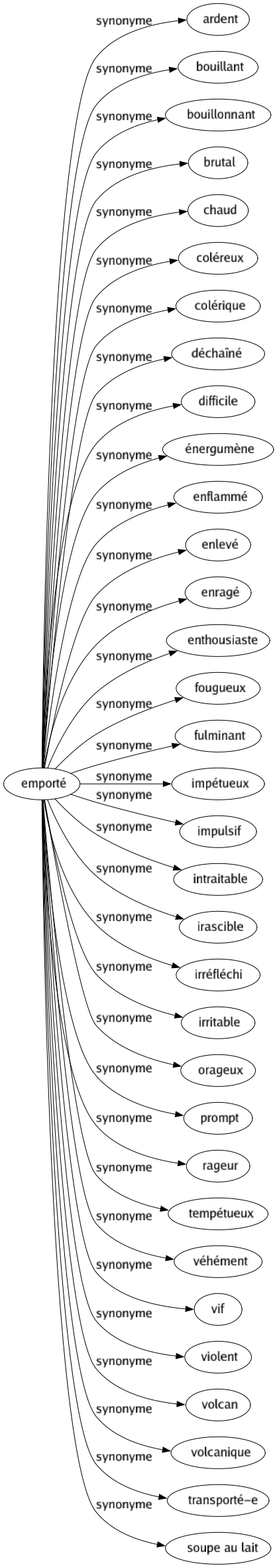 Synonyme de Emporté : Ardent Bouillant Bouillonnant Brutal Chaud Coléreux Colérique Déchaîné Difficile Énergumène Enflammé Enlevé Enragé Enthousiaste Fougueux Fulminant Impétueux Impulsif Intraitable Irascible Irréfléchi Irritable Orageux Prompt Rageur Tempétueux Véhément Vif Violent Volcan Volcanique Transporté-e Soupe au lait 