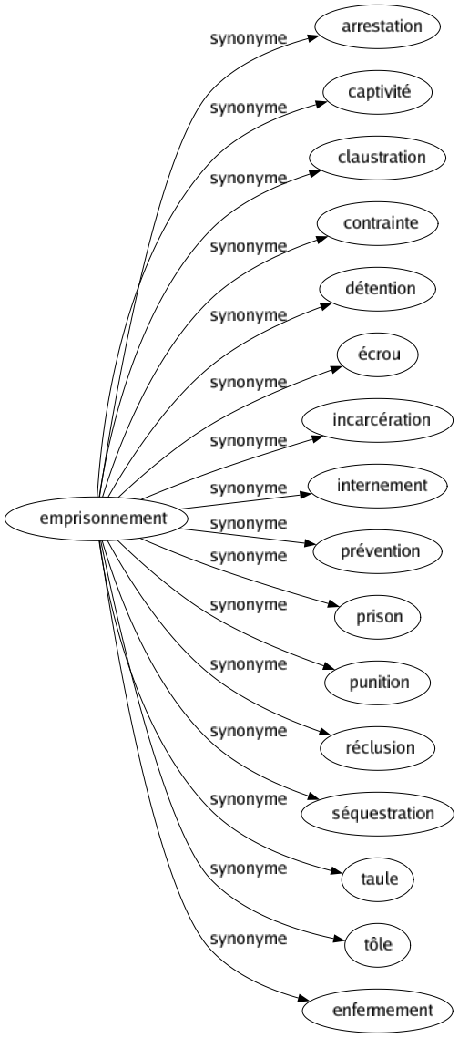 Synonyme de Emprisonnement : Arrestation Captivité Claustration Contrainte Détention Écrou Incarcération Internement Prévention Prison Punition Réclusion Séquestration Taule Tôle Enfermement 