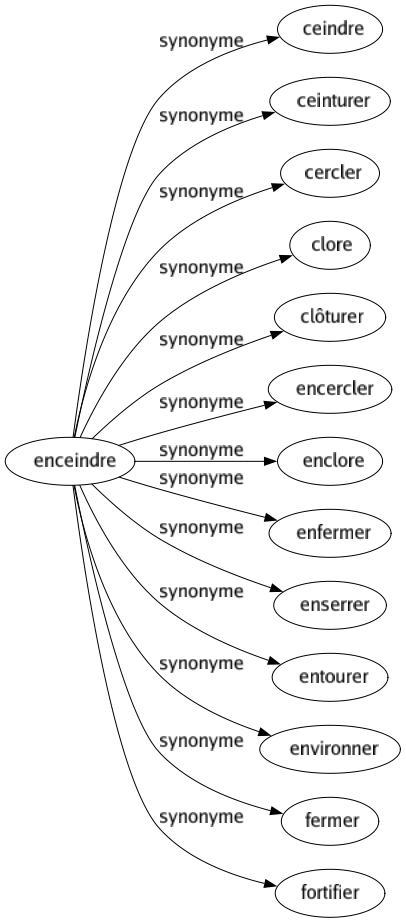 Synonyme de Enceindre : Ceindre Ceinturer Cercler Clore Clôturer Encercler Enclore Enfermer Enserrer Entourer Environner Fermer Fortifier 