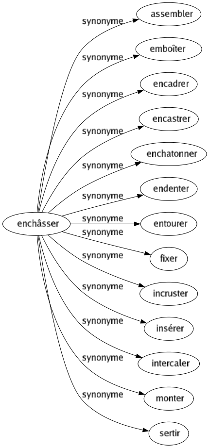 Synonyme de Enchâsser : Assembler Emboîter Encadrer Encastrer Enchatonner Endenter Entourer Fixer Incruster Insérer Intercaler Monter Sertir 