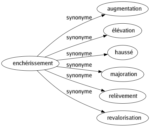 Synonyme de Enchérissement : Augmentation Élévation Haussé Majoration Relèvement Revalorisation 