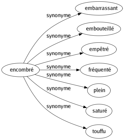 Synonyme de Encombré : Embarrassant Embouteillé Empêtré Fréquenté Plein Saturé Touffu 