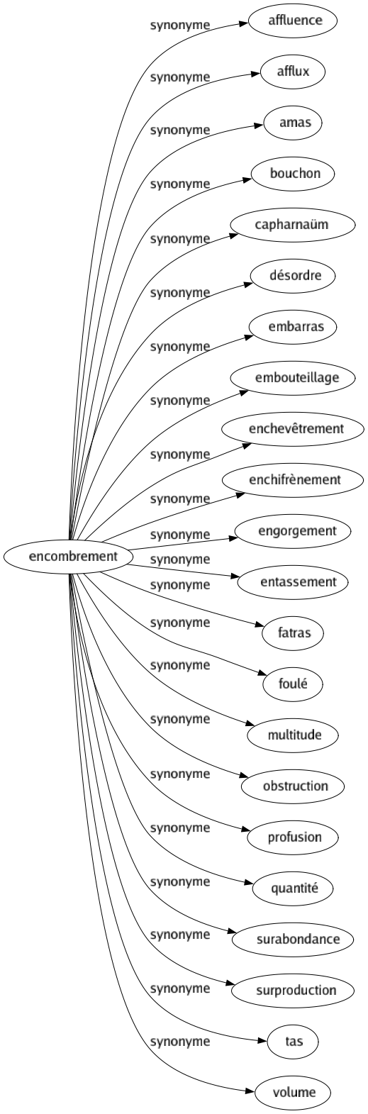 Synonyme de Encombrement : Affluence Afflux Amas Bouchon Capharnaüm Désordre Embarras Embouteillage Enchevêtrement Enchifrènement Engorgement Entassement Fatras Foulé Multitude Obstruction Profusion Quantité Surabondance Surproduction Tas Volume 