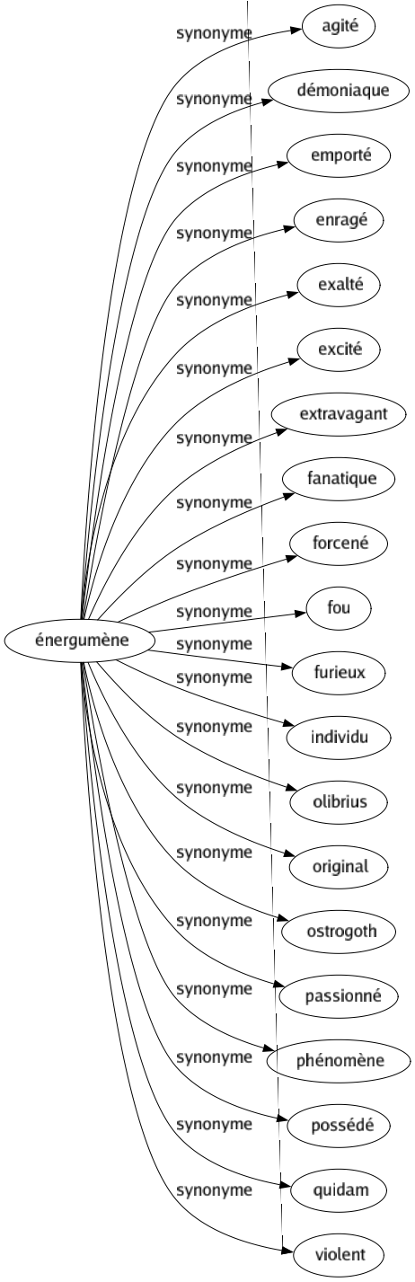 Synonyme de Énergumène : Agité Démoniaque Emporté Enragé Exalté Excité Extravagant Fanatique Forcené Fou Furieux Individu Olibrius Original Ostrogoth Passionné Phénomène Possédé Quidam Violent 