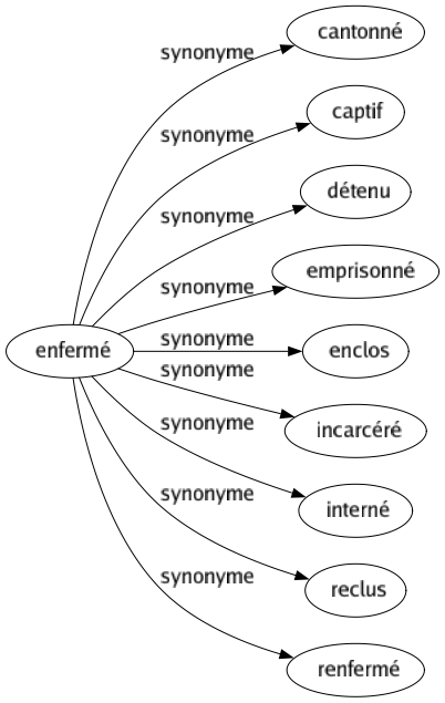 Synonyme de Enfermé : Cantonné Captif Détenu Emprisonné Enclos Incarcéré Interné Reclus Renfermé 
