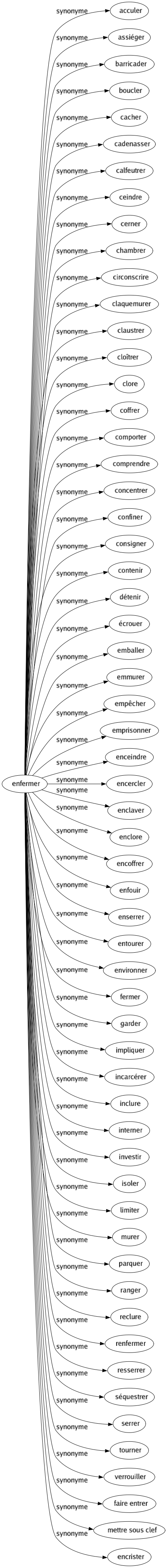 Synonyme de Enfermer : Acculer Assiéger Barricader Boucler Cacher Cadenasser Calfeutrer Ceindre Cerner Chambrer Circonscrire Claquemurer Claustrer Cloîtrer Clore Coffrer Comporter Comprendre Concentrer Confiner Consigner Contenir Détenir Écrouer Emballer Emmurer Empêcher Emprisonner Enceindre Encercler Enclaver Enclore Encoffrer Enfouir Enserrer Entourer Environner Fermer Garder Impliquer Incarcérer Inclure Interner Investir Isoler Limiter Murer Parquer Ranger Reclure Renfermer Resserrer Séquestrer Serrer Tourner Verrouiller Faire entrer Mettre sous clef Encrister 