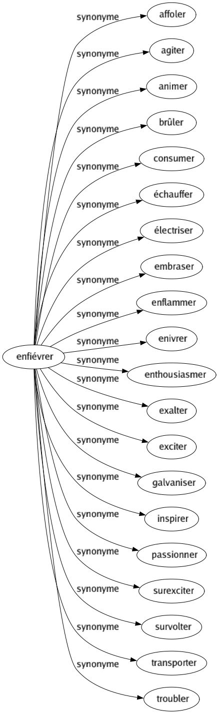 Synonyme de Enfiévrer : Affoler Agiter Animer Brûler Consumer Échauffer Électriser Embraser Enflammer Enivrer Enthousiasmer Exalter Exciter Galvaniser Inspirer Passionner Surexciter Survolter Transporter Troubler 