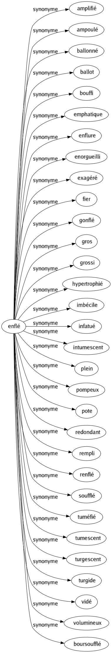 Synonyme de Enflé : Amplifié Ampoulé Ballonné Ballot Bouffi Emphatique Enflure Enorgueilli Exagéré Fier Gonflé Gros Grossi Hypertrophié Imbécile Infatué Intumescent Plein Pompeux Pote Redondant Rempli Renflé Soufflé Tuméfié Tumescent Turgescent Turgide Vidé Volumineux Boursoufflé 