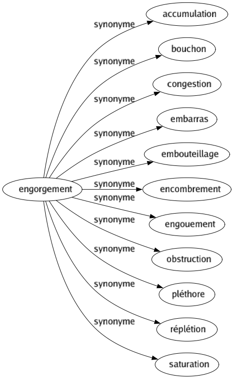 Synonyme de Engorgement : Accumulation Bouchon Congestion Embarras Embouteillage Encombrement Engouement Obstruction Pléthore Réplétion Saturation 