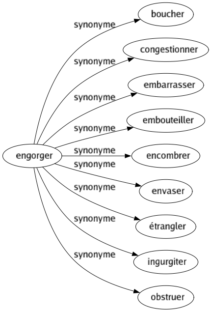 Synonyme de Engorger : Boucher Congestionner Embarrasser Embouteiller Encombrer Envaser Étrangler Ingurgiter Obstruer 
