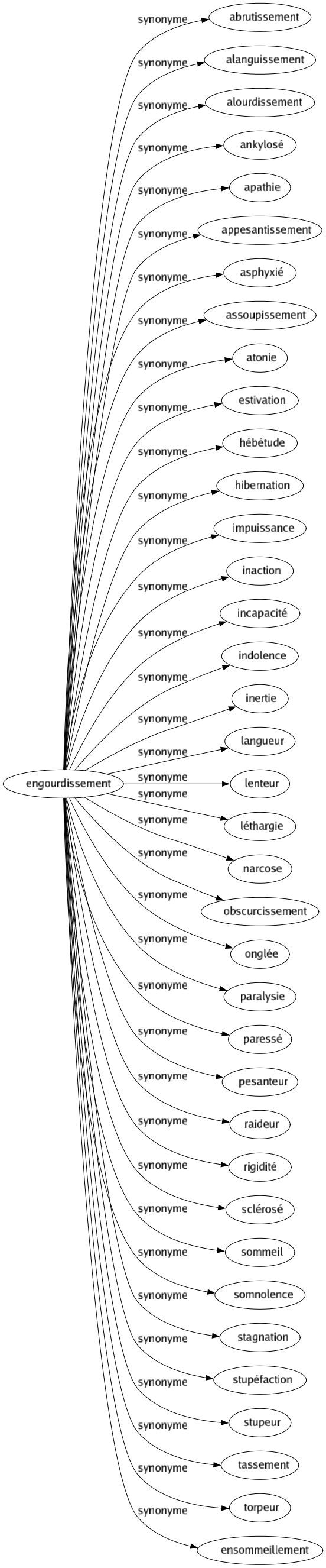 Synonyme de Engourdissement : Abrutissement Alanguissement Alourdissement Ankylosé Apathie Appesantissement Asphyxié Assoupissement Atonie Estivation Hébétude Hibernation Impuissance Inaction Incapacité Indolence Inertie Langueur Lenteur Léthargie Narcose Obscurcissement Onglée Paralysie Paressé Pesanteur Raideur Rigidité Sclérosé Sommeil Somnolence Stagnation Stupéfaction Stupeur Tassement Torpeur Ensommeillement 