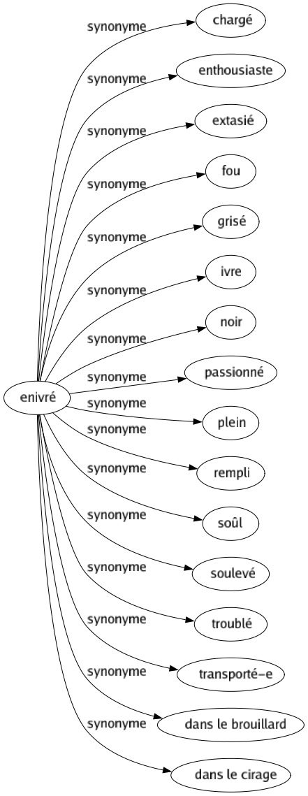 Synonyme de Enivré : Chargé Enthousiaste Extasié Fou Grisé Ivre Noir Passionné Plein Rempli Soûl Soulevé Troublé Transporté-e Dans le brouillard Dans le cirage 