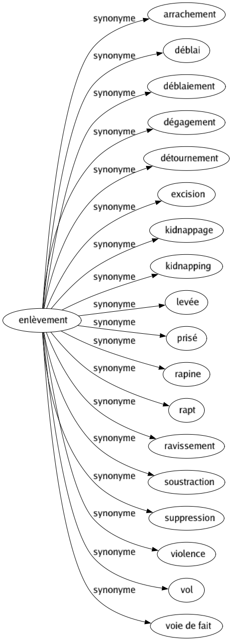 Synonyme de Enlèvement : Arrachement Déblai Déblaiement Dégagement Détournement Excision Kidnappage Kidnapping Levée Prisé Rapine Rapt Ravissement Soustraction Suppression Violence Vol Voie de fait 