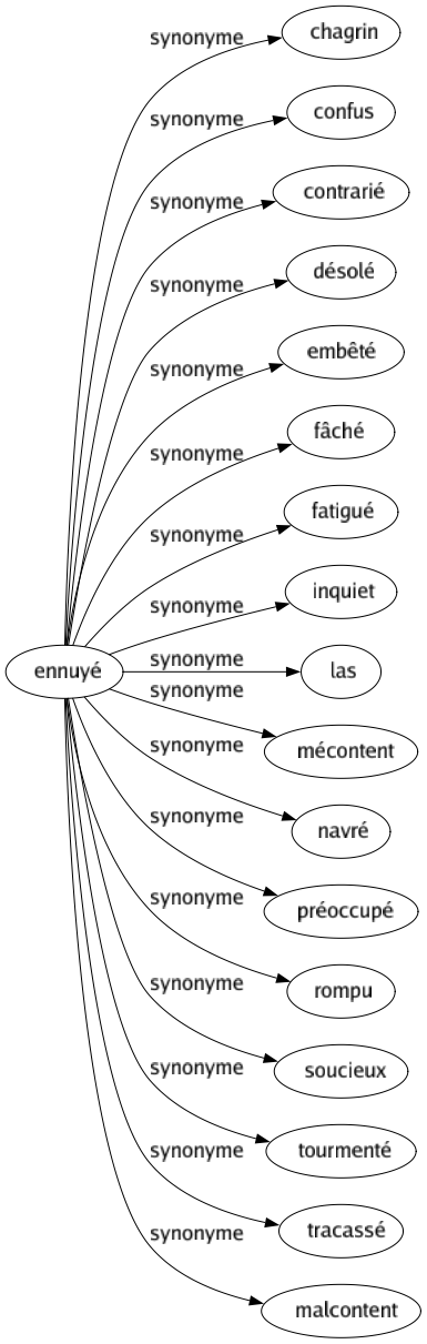 Synonyme de Ennuyé : Chagrin Confus Contrarié Désolé Embêté Fâché Fatigué Inquiet Las Mécontent Navré Préoccupé Rompu Soucieux Tourmenté Tracassé Malcontent 