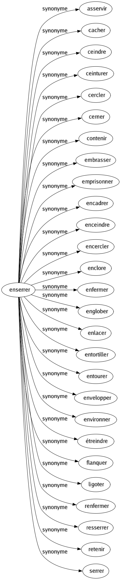 Synonyme de Enserrer : Asservir Cacher Ceindre Ceinturer Cercler Cerner Contenir Embrasser Emprisonner Encadrer Enceindre Encercler Enclore Enfermer Englober Enlacer Entortiller Entourer Envelopper Environner Étreindre Flanquer Ligoter Renfermer Resserrer Retenir Serrer 