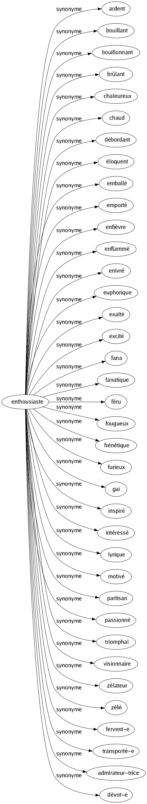 Synonyme de Enthousiaste : Ardent Bouillant Bouillonnant Brûlant Chaleureux Chaud Débordant Éloquent Emballé Emporté Enfièvre Enflammé Enivré Euphorique Exalté Excité Fana Fanatique Féru Fougueux Frénétique Furieux Gai Inspiré Intéressé Lyrique Motivé Partisan Passionné Triomphal Visionnaire Zélateur Zélé Fervent-e Transporté-e Admirateur-trice Dévot-e 