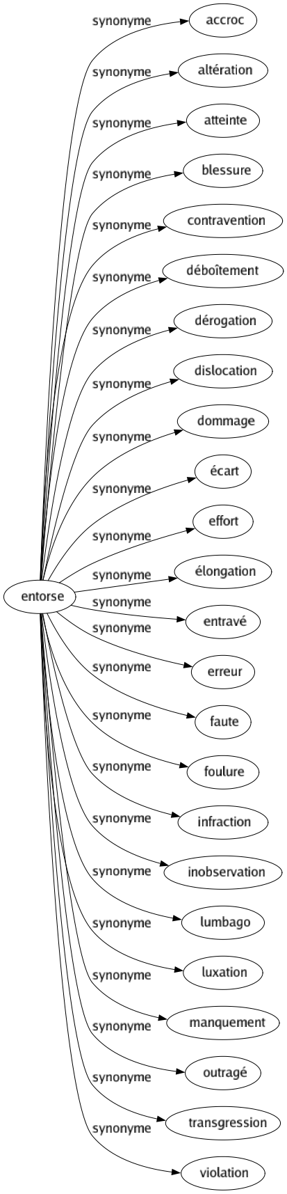 Synonyme de Entorse : Accroc Altération Atteinte Blessure Contravention Déboîtement Dérogation Dislocation Dommage Écart Effort Élongation Entravé Erreur Faute Foulure Infraction Inobservation Lumbago Luxation Manquement Outragé Transgression Violation 