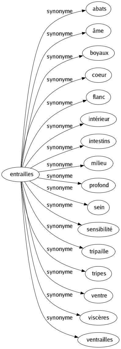 Synonyme de Entrailles : Abats Âme Boyaux Coeur Flanc Intérieur Intestins Milieu Profond Sein Sensibilité Tripaille Tripes Ventre Viscères Ventrailles 