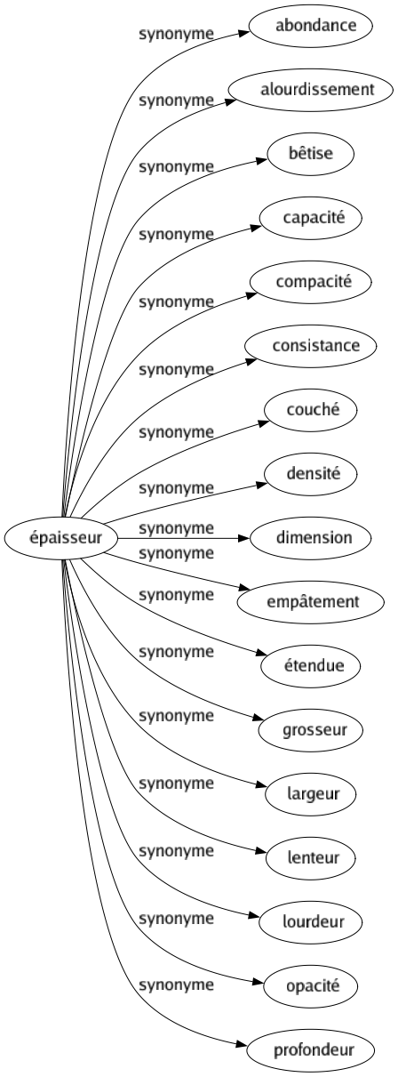 Synonyme de Épaisseur : Abondance Alourdissement Bêtise Capacité Compacité Consistance Couché Densité Dimension Empâtement Étendue Grosseur Largeur Lenteur Lourdeur Opacité Profondeur 
