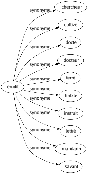 Synonyme de Érudit : Chercheur Cultivé Docte Docteur Ferré Habile Instruit Lettré Mandarin Savant 