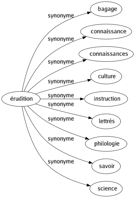 Synonyme de Érudition : Bagage Connaissance Connaissances Culture Instruction Lettrés Philologie Savoir Science 