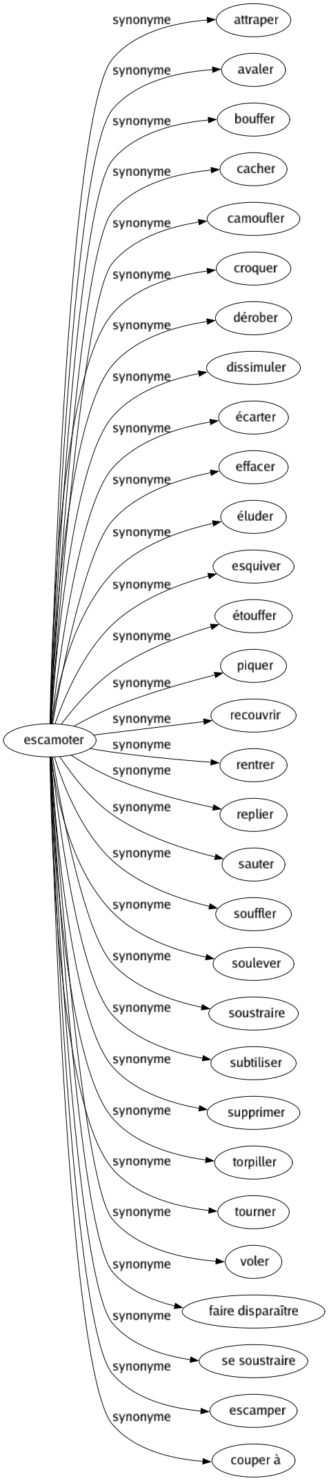 Synonyme de Escamoter : Attraper Avaler Bouffer Cacher Camoufler Croquer Dérober Dissimuler Écarter Effacer Éluder Esquiver Étouffer Piquer Recouvrir Rentrer Replier Sauter Souffler Soulever Soustraire Subtiliser Supprimer Torpiller Tourner Voler Faire disparaître Se soustraire Escamper Couper à 