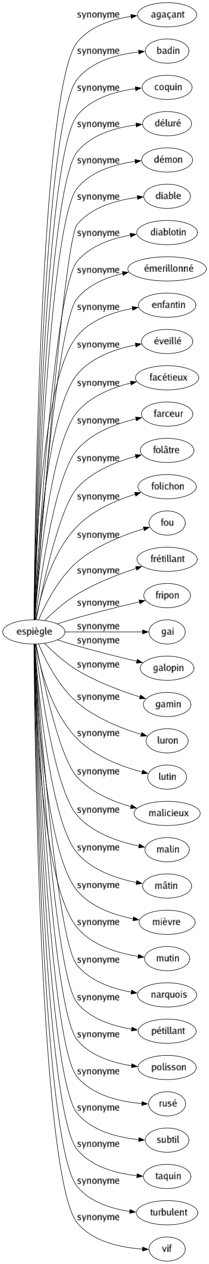 Synonyme de Espiègle : Agaçant Badin Coquin Déluré Démon Diable Diablotin Émerillonné Enfantin Éveillé Facétieux Farceur Folâtre Folichon Fou Frétillant Fripon Gai Galopin Gamin Luron Lutin Malicieux Malin Mâtin Mièvre Mutin Narquois Pétillant Polisson Rusé Subtil Taquin Turbulent Vif 