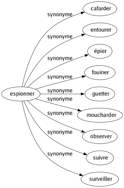 Synonyme de Espionner : Cafarder Entourer Épier Fouiner Guetter Moucharder Observer Suivre Surveiller 