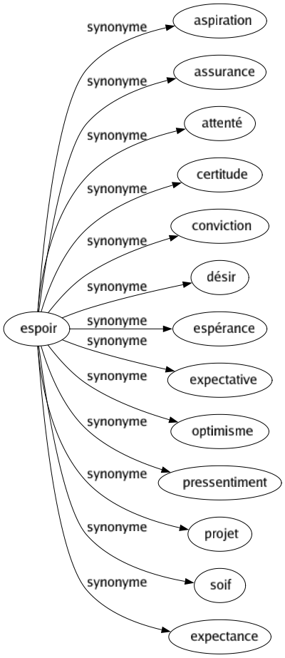 Synonyme de Espoir : Aspiration Assurance Attenté Certitude Conviction Désir Espérance Expectative Optimisme Pressentiment Projet Soif Expectance 