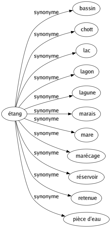 Synonyme de Étang : Bassin Chott Lac Lagon Lagune Marais Mare Marécage Réservoir Retenue Pièce d'eau 