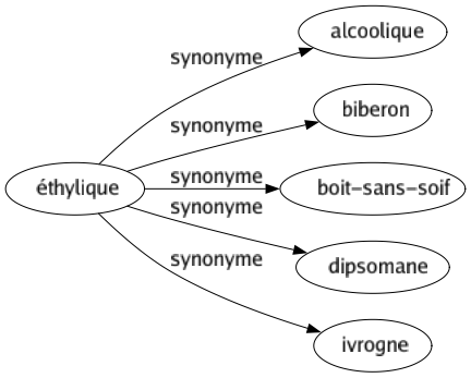 Synonyme de Éthylique : Alcoolique Biberon Boit-sans-soif Dipsomane Ivrogne 