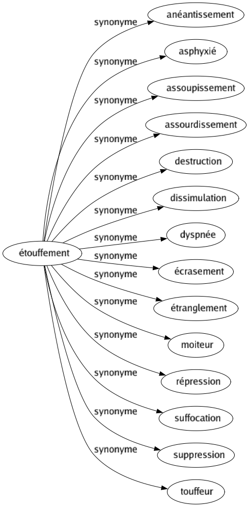 Synonyme de Étouffement : Anéantissement Asphyxié Assoupissement Assourdissement Destruction Dissimulation Dyspnée Écrasement Étranglement Moiteur Répression Suffocation Suppression Touffeur 