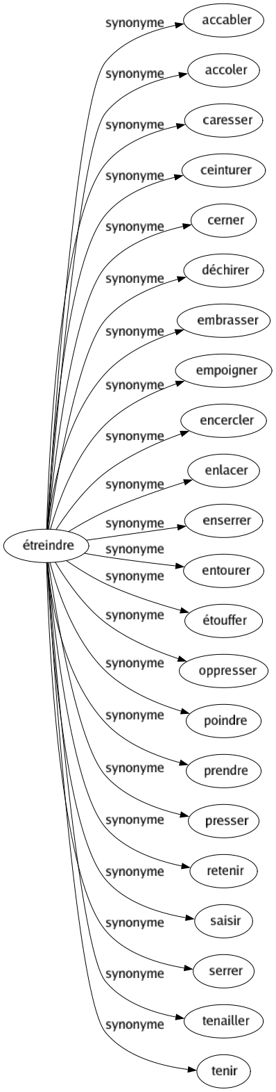 Synonyme de Étreindre : Accabler Accoler Caresser Ceinturer Cerner Déchirer Embrasser Empoigner Encercler Enlacer Enserrer Entourer Étouffer Oppresser Poindre Prendre Presser Retenir Saisir Serrer Tenailler Tenir 