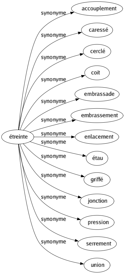 Synonyme de Étreinte : Accouplement Caressé Cerclé Coït Embrassade Embrassement Enlacement Étau Griffé Jonction Pression Serrement Union 