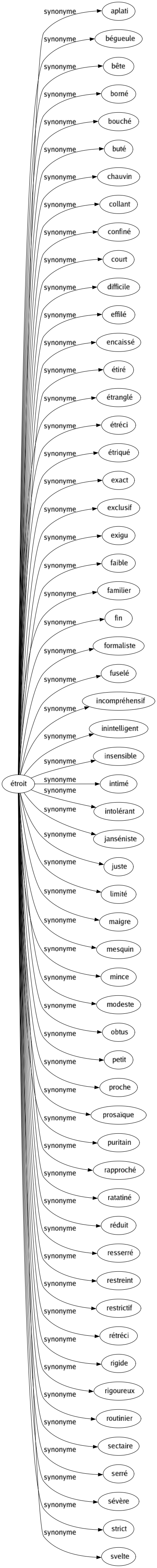 Synonyme de Étroit : Aplati Bégueule Bête Borné Bouché Buté Chauvin Collant Confiné Court Difficile Effilé Encaissé Étiré Étranglé Étréci Étriqué Exact Exclusif Exigu Faible Familier Fin Formaliste Fuselé Incompréhensif Inintelligent Insensible Intimé Intolérant Janséniste Juste Limité Maigre Mesquin Mince Modeste Obtus Petit Proche Prosaïque Puritain Rapproché Ratatiné Réduit Resserré Restreint Restrictif Rétréci Rigide Rigoureux Routinier Sectaire Serré Sévère Strict Svelte 