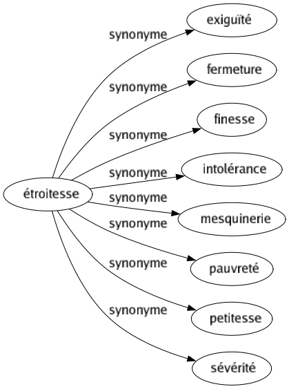 Synonyme de Étroitesse : Exiguïté Fermeture Finesse Intolérance Mesquinerie Pauvreté Petitesse Sévérité 